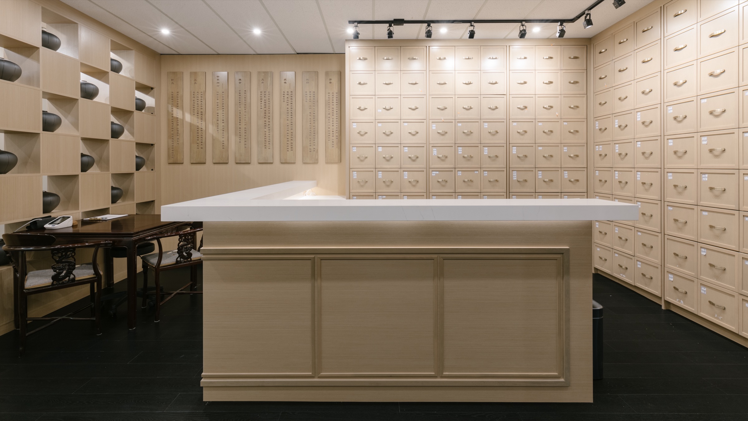 Traditional herbal medicine cabinet wall at our Richmond flagship