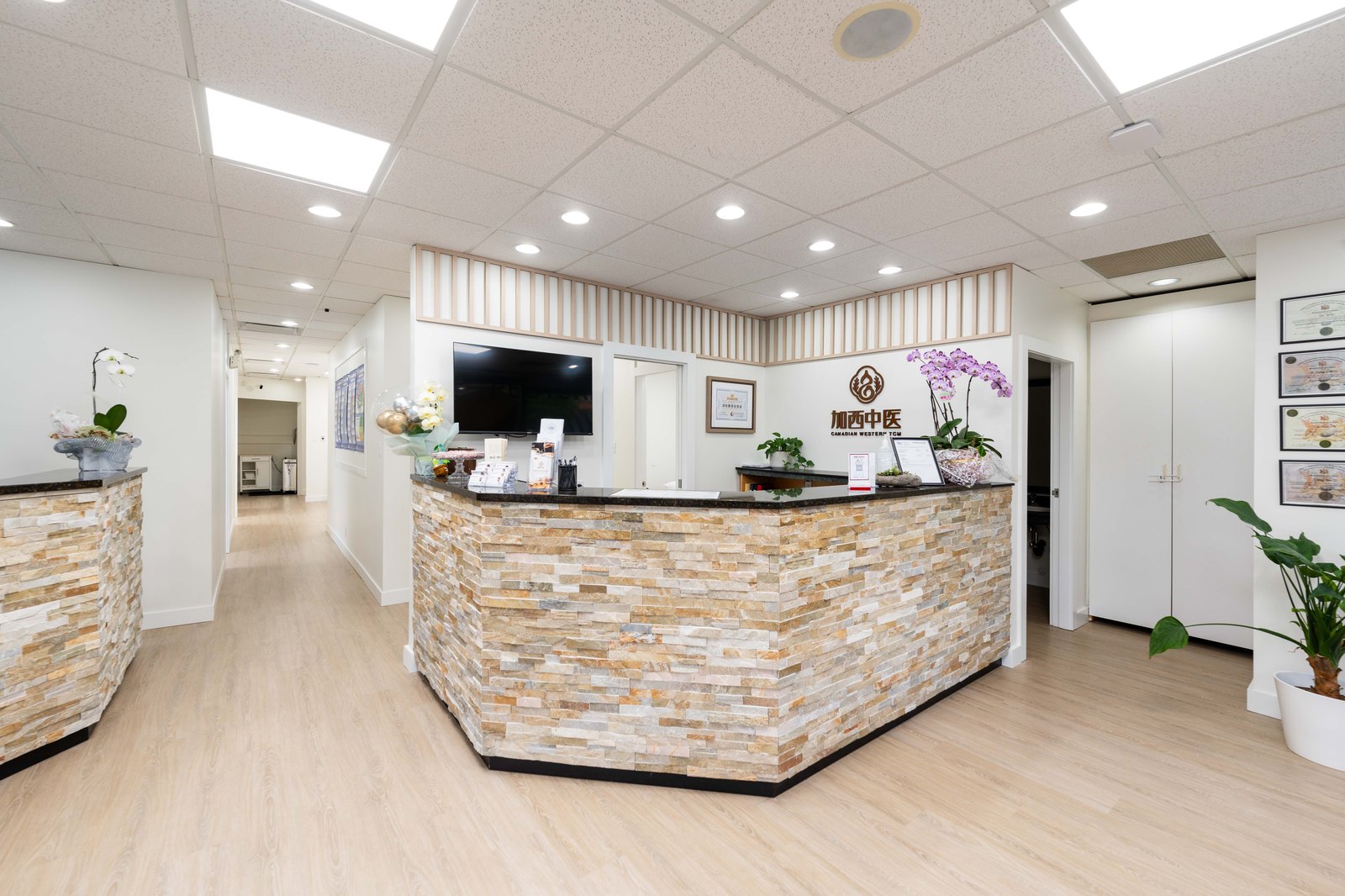 Stone reception desk at Canadian Western TCM White Rock clinic